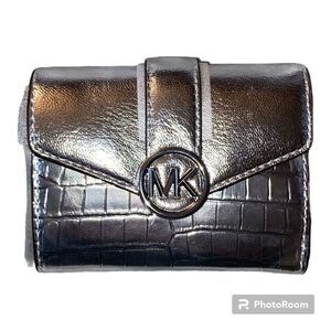 Michael Kors Trifold Wallet - Croc Embossed PU Leather, Silver Metallic Finish